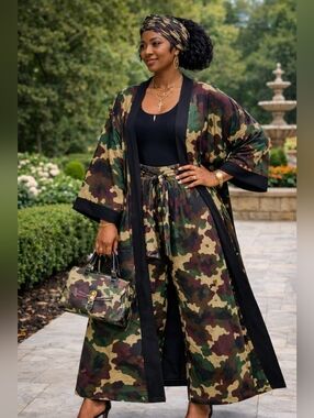 Camouflage African Print Kimono Duster Palazzo Pant Set:  Belt & Headwrap